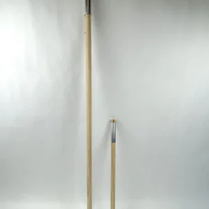 Two Wooden Net Handles pictured parallel on a white background. One net is 1.5 feet long and the other is 3 feet long. Each handle includes a metal shaft for securing a net ring and hardware.