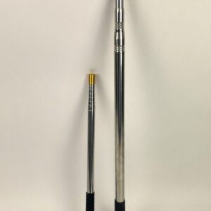 Two Telescopic Net Handles side by side with a white background. Both handles are sliver with black handles. The smaller handle is on the left and the longer handle is on the right.