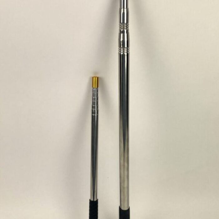 Two Telescopic Net Handles side by side with a white background. Both handles are sliver with black handles. The smaller handle is on the left and the longer handle is on the right.