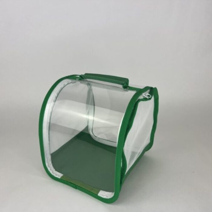 Portable Insect Cage set against a white background. The edges of the cage are made of green fabric, with a zipper running along the edges. The broadest sides have clear plastic viewing panes, and the remaining sides are made with white mesh.