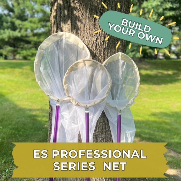 Three Ecology Supplies Pro Nets leaning against a tree surrounded by bright green grass with text reading "Build Your Own" and "ES Professional Series Net"